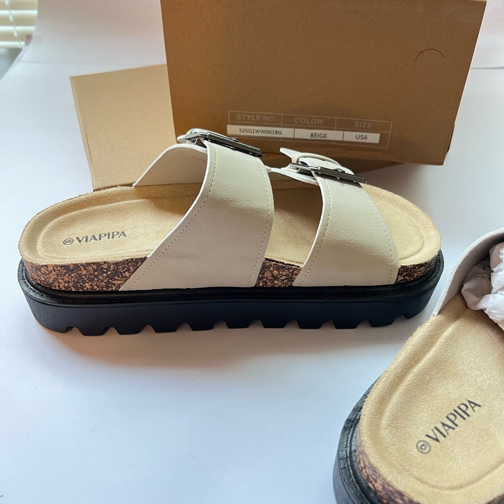 Women’s Beige Double-Buckle Platform Sandals - Picture 5 of 8